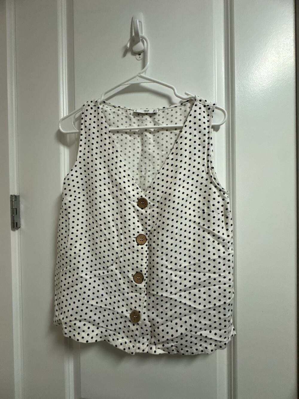 MNG Basics Polka Dot V-Neck Vest Size 4 White Black Button Down